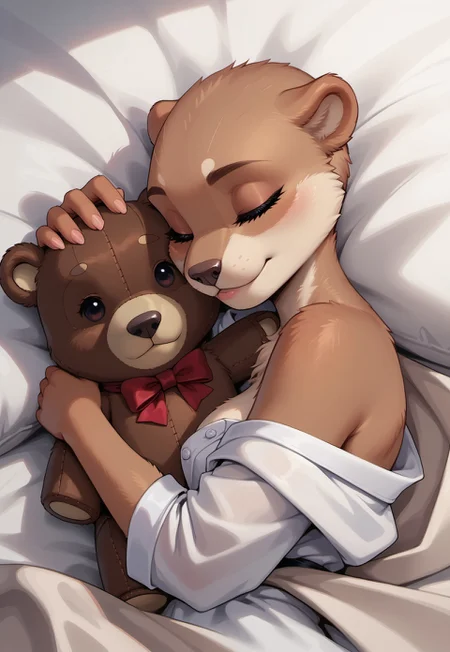 safe_pos, score_9, score_8_up, score_7_up, highres, high quality, perfection, masterpiece,
1girl, solo, no humans, side view,
furry female, (anthro otter girl: 1.2), detailed fur, white fur, beautiful girl, cute girl, young adult, youthful, (bald girl, bald head, hairless, no hair), detailed face, beautiful face, innocent face, eyelashes, medium breasts,
under covers, cuddling, hugging teddy bear, hug, (stuffed_toy) with (button_eyes), on bed, girl's eyes closed,