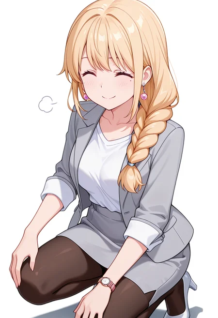 masterpiece,high quality details, absurdres,
<lora:Yuriko:0.8>
yuriko_cnr, 1girl, blonde hair, long hair, single braid, pink eyes, mole, mole under eye,earrings,
collarbone,office lady, grey jacket, white shirt,pencil skirt, black pantyhose, high heels, wristwatch,, simple background, white background, from behind,solo,, in heat,forced smile,, ^q^,, one knee on ground,kneeling on floor,kneeling on floor,