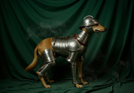 HFPA, Historical Full Plate Armor, The image is an oil painting of a Saluki dog dressed in medieval knight's suit of armor for dogs, set against a dark green, velvety fabric backdrop. The armor is made of polished silver metal, giving it a reflective, mirror-like finish. The suit is a full-body armor, covering the dog's torso, arms, and legs, with intricate details and rivets that give it a medieval, historical appearance, dog is wearing a historical metal kettle helmet on its head, dramatic epic scene, mist and smoke, cinematic, dramatic lighting
<lora:Historical_Full_Plate_Armor-000007:0.8> <lora:FluxDFaeTasticDetails:0.6> <lora:detailed photorealism style v3:0.6>