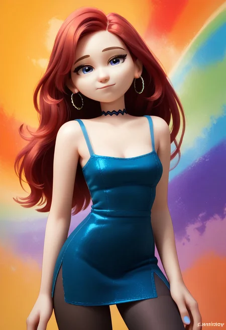 core_9, score_8_up, score_7_up, score_6_up, score_5_up, score_4_up, <lora:mychelseatk-000003:1> , chelseatk, medium chest, medium breast, 1girl, solo, long hair, red hair, blue fingernails, looking at viewer, looking at viewers, blue eyes, sleepy eyes, hoop earrings, choker, smile, hosiery, pantyhose, thighhighs, Jedstndr, Satin Slip Dress, spaghetti straps, midi length, side slit, simple background, colorful hustle abstract background with orange, purple, white, black and yellow, colorful rainbow background,