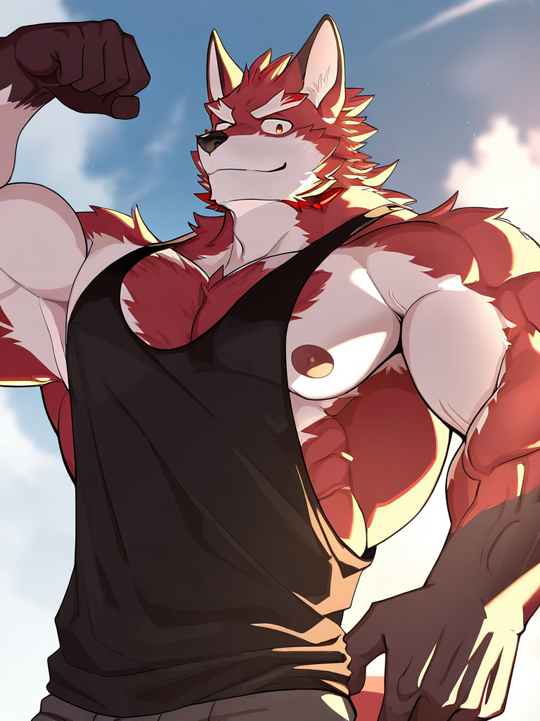 very awa,masterpiece,best quality,amazing quality,very aesthetic,highres,absurdres,
<lora:diedericholsen_v1_NoobAI:1>,diedericholsen,
sfw,1boy,furry,muscular,solo,flexing,upper body,tank top,looking at viewer,nipples,smile,black tank top,angle of view,