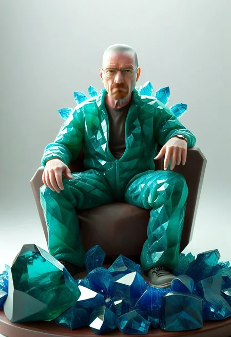 rp_slgd, emeraldmorph, breaking bad style, walter white made of blue crystals, in a make-shift lab with a tray of many small blue emerald chunks in front of him. rp_slgd