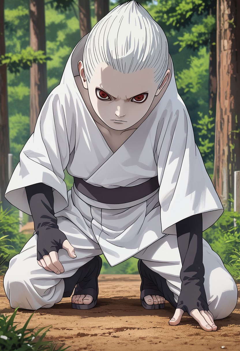 score_9, score_8_up, score_7_up, 1boy, solo, cute boy, Shin Uchiha, Pale Skin, White Hair, White Kimono, Fingerless Glove, Open Toe Footwear, 3 Tomoe Sharingan, Sharingan Eyes,