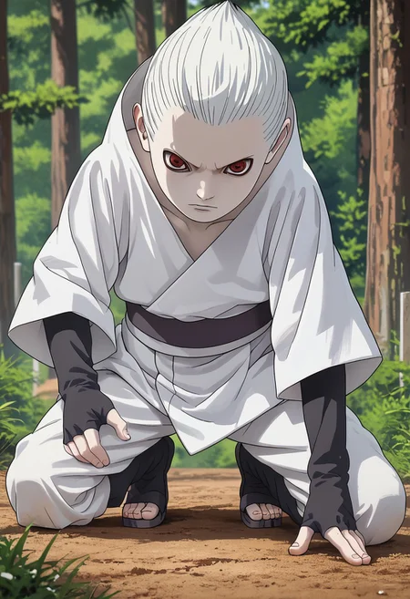 score_9, score_8_up, score_7_up, 1boy, solo, cute boy, Shin Uchiha, Pale Skin, White Hair, White Kimono, Fingerless Glove, Open Toe Footwear, 3 Tomoe Sharingan, Sharingan Eyes,