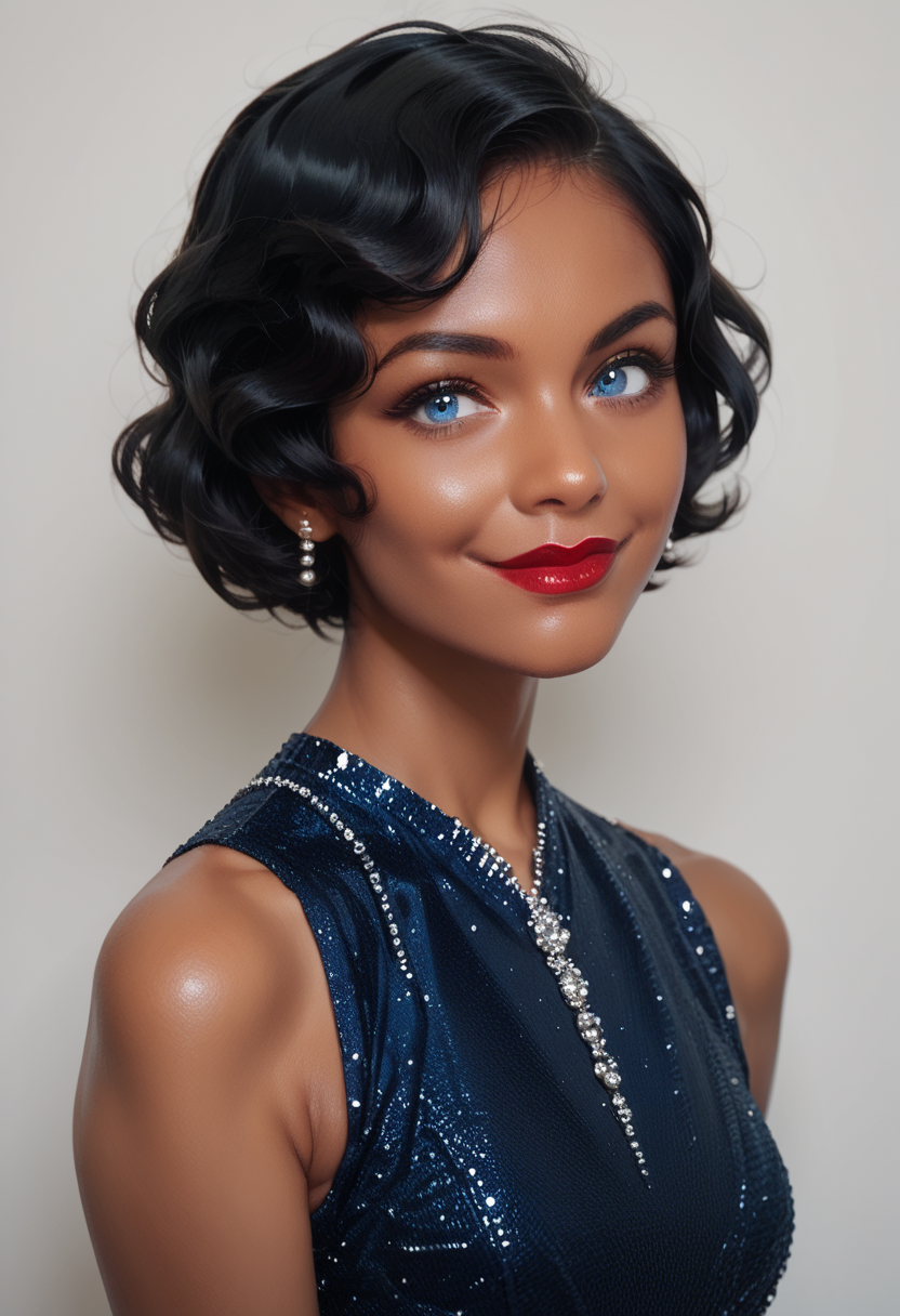 score_9, score_8_up, score_7_up, score_6_up, 1girl, solo, dark skin, lipstick, black hair, blue eyes, hud_fngrw4ves, short hair, dress,  <lora:hud_fngrw4ves_XLP:0.6> , closed mouth, standing, upper body, facing viewer, smile, high heels