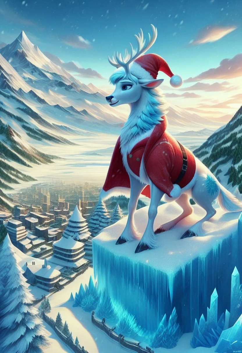 fr0stwrld, snow, ice, score_9, score_8_up, score_7_up, masterpiece, best quality, ultra-detailed, a realistic deer made of ice wearing santa vest and santa hat, frozen world landscape, city, sharp icy fur, realistic,