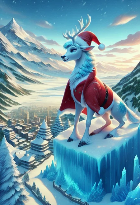 fr0stwrld, snow, ice, score_9, score_8_up, score_7_up, masterpiece, best quality, ultra-detailed, a realistic deer made of ice wearing santa vest and santa hat, frozen world landscape, city, sharp icy fur, realistic,