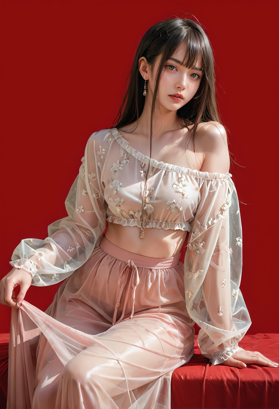 score_9,score_8_up,score_7_up,red background,8k,,ruanyi0701,long skirt,long sleeves,off shoulder,see-through,<lora:0701 Forest Nymph_v2_pony:1>