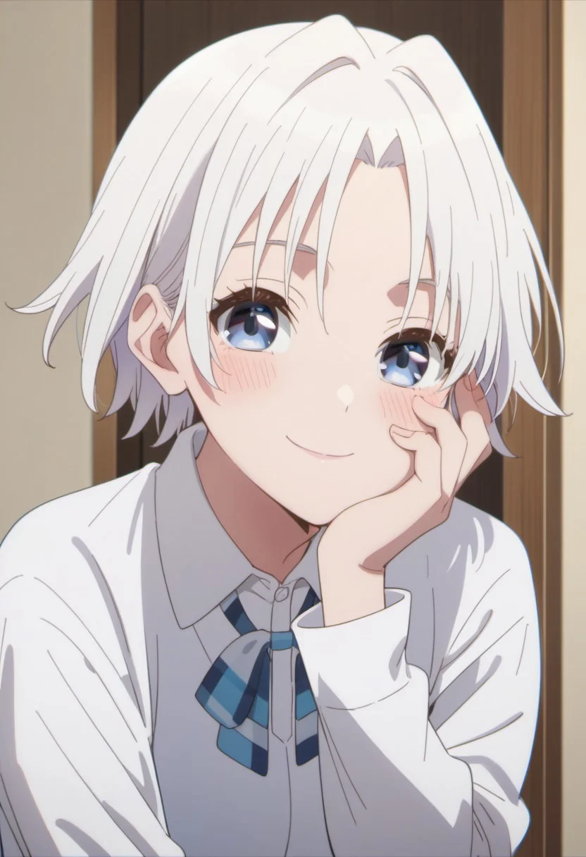 score_9, score_8_up, score_7_up, source_anime, tsuruyama shirahi, short hair, white hair, blue eyes, solo, smile, looking at viewer, shirt, hand on own face, collared shirt, blush, closed mouth, white shirt, hand on own cheek, long sleeves