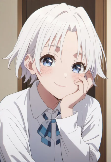 score_9, score_8_up, score_7_up, source_anime, tsuruyama shirahi, short hair, white hair, blue eyes, solo, smile, looking at viewer, shirt, hand on own face, collared shirt, blush, closed mouth, white shirt, hand on own cheek, long sleeves