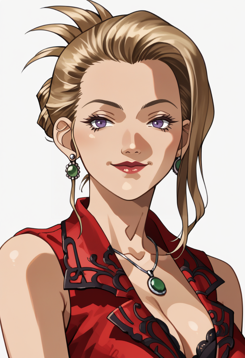 score_9, score_8_up, score_7_up, source_anime, solo, 1girl, dominant female, assertive female, smile, closed mouth
<lora:zs_SoulHackersPortraitsXL:1> soulhackersportraits, portrait, white background,
 <lora:ffscarlet-pdxl-nvwls-v1:1> ffScarlet, folded ponytail, purple eyes, lipstick, earrings, necklace,  sleeveless, red dress, lace trim, cleavage, long dress,