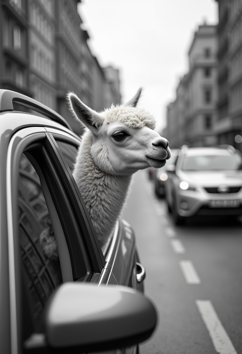 a llama sticking its head out of a car window, seemingly curious about the urban surroundings. The llama’s fur (soft gray-white tones) appears warm and gentle in the monochromatic palette. The car (a shade of gray) blends with the other vehicles, creating a cohesive city backdrop.
 the llama’s gray-white fur (contrasting with the darker gray tones of the background) becomes the focal point, adding a whimsical and humorous touch. ［The buildings and streets］ do not overly interfere with the composition, instead highlighting the uniqueness of this unusual moment，(black-and-white tones), successfully captures an unintentional moment of humor in urban life, showcasing the amusing intersection of nature and city culture.