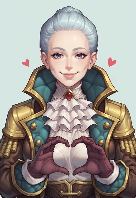 score_9, score_8_up, score_8, source_anime, 1girl, breasts, <lora:KatherineProudmoore:0.85> solo, ascot, gloves, jacket, looking at viewer, smile, heart hands, upper body,
light blue background, simple background,
