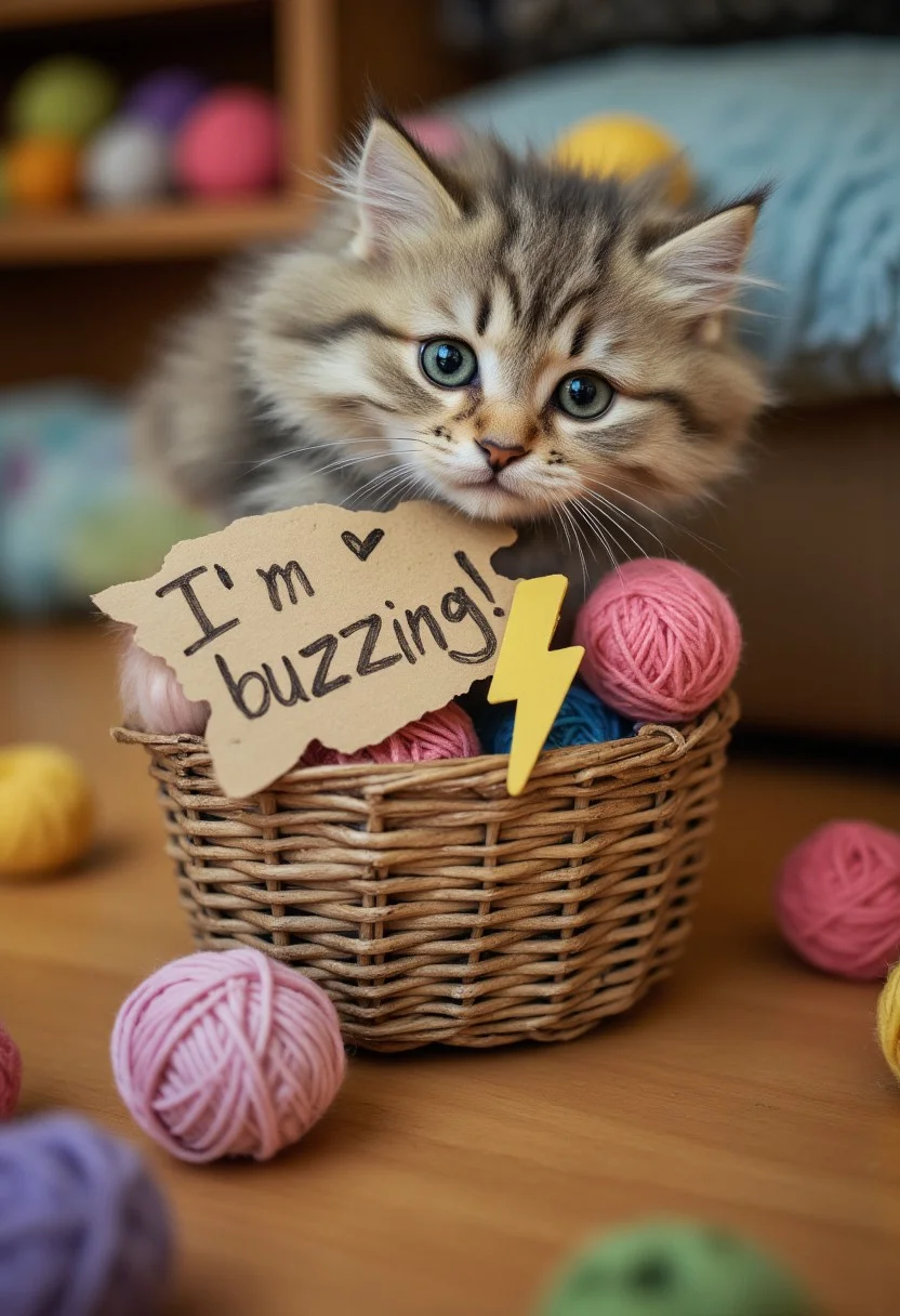 A fluffy, oversized kitten overflowing a tiny woven basket, its big, innocent eyes looking directly at the viewer. The kitten is surrounded by colorful balls of yarn, and a small, hand-written sign hangs around its neck, reading "I'm buzzing!" with the yellow thunderbolt symbol drawn in crayon. The scene is lit with soft, warm lighting, emphasizing the kitten's cuteness and creating a playful, inviting atmosphere. High resolution, close-up, and maximum adorableness.