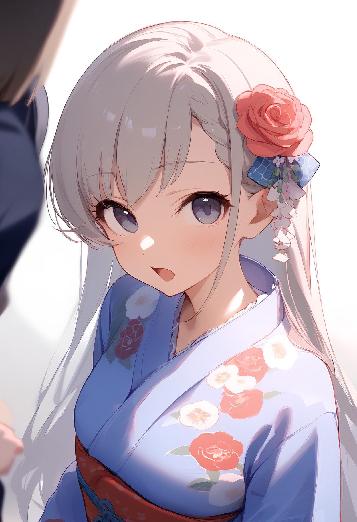 1girl,d,floral print,hisakawa hayate,long sleeves,looking at viewer,obi,open mouth,print kimono,wide sleeves,blue kimono,blush,hair flower,solo,yukata,blurry background,pink rose,simple background,upper body,white background,<lora:a31_char_new_hisakawa_hayate-000026:1>masterpiece, best quality, absurdres<lora:a31_style_koni-000010:0.8>