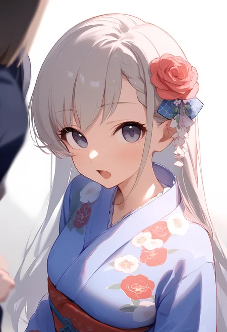 1girl,d,floral print,hisakawa hayate,long sleeves,looking at viewer,obi,open mouth,print kimono,wide sleeves,blue kimono,blush,hair flower,solo,yukata,blurry background,pink rose,simple background,upper body,white background,<lora:a31_char_new_hisakawa_hayate-000026:1>masterpiece, best quality, absurdres<lora:a31_style_koni-000010:0.8>