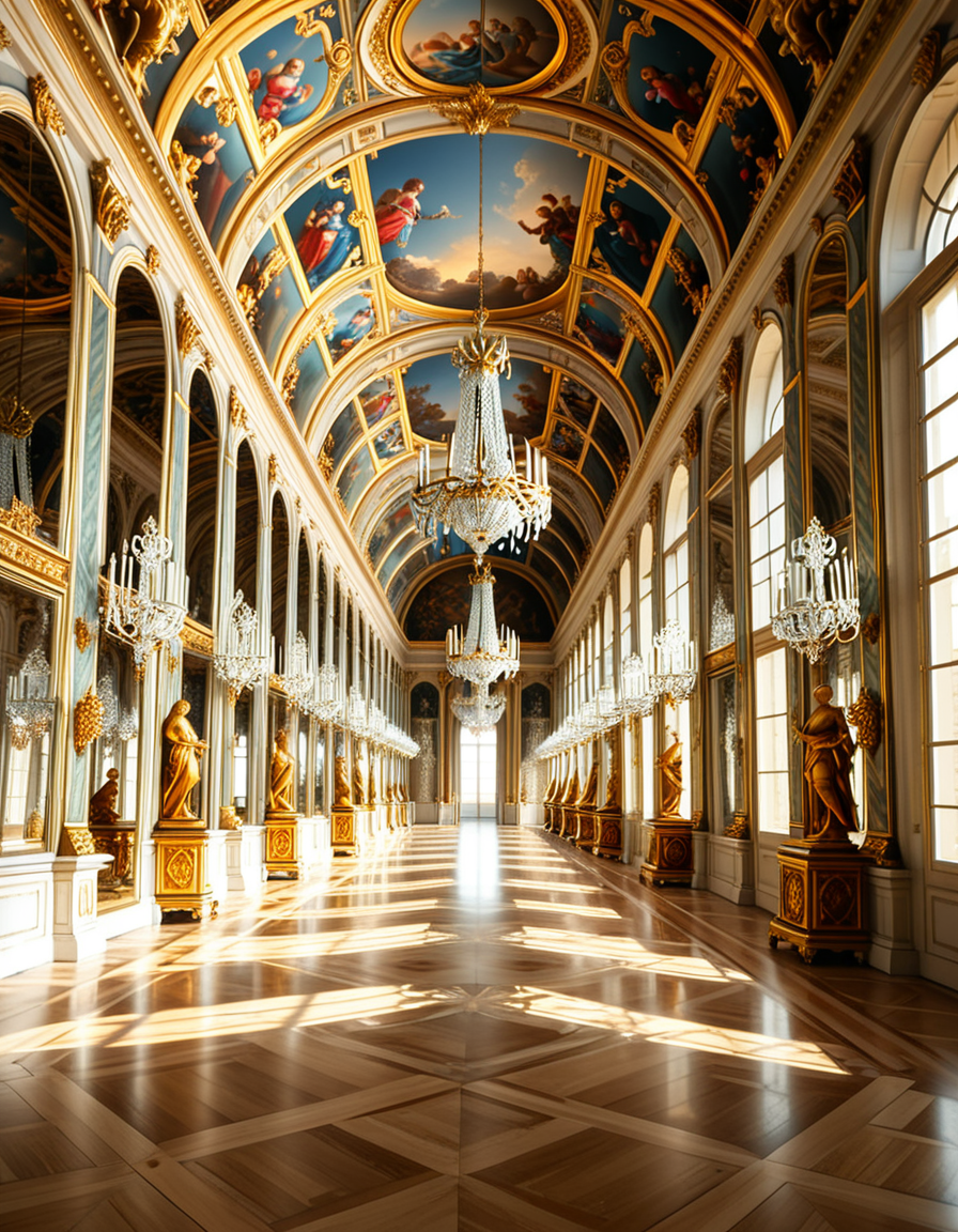 A breathtaking, photorealistic depiction of the Hall of Mirrors (Galerie des Glaces) at the Palace of Versailles in France, captured in golden afternoon light. The hall is grand and opulent, with a high arched ceiling painted with intricate Baroque frescoes. The walls are lined with tall arched mirrors on one side and large arched windows on the opposite side, flooding the space with natural light. Elegant crystal chandeliers hang from the ceiling, reflecting in the mirrors and sparkling with golden highlights. The marble floors are polished and gleaming, with rich, warm tones. Gilded statues and decorative elements frame the mirrors and doorways. The image style is ultra-detailed and photorealistic, with sharp textures and soft, warm lighting creating a majestic, timeless atmosphere. No people present, only the serene magnificence of the empty hall. Camera angle at eye level, centered down the hall, capturing the full length and symmetry of the space.
<lora:SDXLFaeTastic2400:0.4> <lora:extremely_detailed:0.4> extremely detailed,<lora:Hall_of_M1rr0rs:1>,Hall of M1rr0rs, Masterpiece,best quality,hi res,8k,hi res,8k,award winning,(sharp focus, intricate, highly detailed),