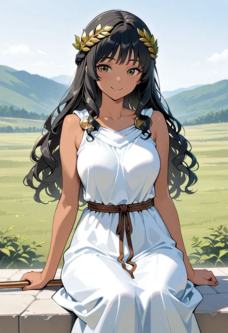 masterpiece, best quality, amazing quality, girl, black hair, brown eyes, portrait shot, long hair, curly hair, bangs, medium breasts, perfect eyes, 8k, highest quality, ultra details,1girl, solo, perfect brown eyes ,long black hair, crown braid, tan skin, greek girl, medium breasts, green eyes, ancient greek women's clothing, (white chiton, long dress:1.3), covered breasts, 2 dress straps, bronze shoulder pins, brown string belt, green leafy laurel, sitting, Shepard field background, grassy rocky hills setting, noon time, happy, holding a Shepard cane, from the front, goat herd, cowboy shot, outdoors