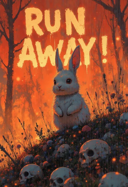 A graphic illustration featuring a white rabbit standing triumphantly atop a pile of skulls and bones, surrounded by fiery hues of red and orange. The word 'RUN AWAY!' is prominently displayed at the top in bold, flaming text, emphasizing a darkly humorous and apocalyptic theme. The background consists of a gradient of red tones, creating an intense and dramatic atmosphere. The illustration is minimalistic yet impactful, focusing on strong contrasts and symbolic imagery.