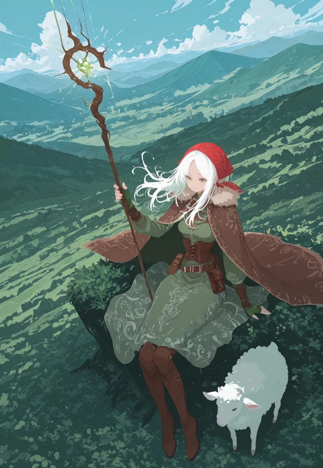 , masterpiece, best quality, good quality, very awa, newest, highres, absurdres, 1girl, sitting,white hair,long hair, side-parted bangs,long light green dress, hem patterns, fringed edge, brown leather corset, long cloak, fur trim,red headscarf,belt pouch, green wool fingerless gloves,waist belt,small attachments, brown knee-high leather boots, smiles, joyful expression
,greenery, scenery,lush mellow, outdoor,hill, animal, holding,staff, pouches,hand up,from above,a lot of sheep around her,cloth headscarf,rolling green hills, blue sky, sunlight, cloud,wind blowing ,
flat color,no lineart, limited palette, h4ra_illu <lora:illustriousXL_stabilizer_v1.23:0.3> <lora:NOOB_vp1_detailer_by_volnovik_v1:0.3> <lora:ponyv6_noobE11_2_adamW-000017:0.3> <lora:114558v4df2fsdf5:0.7> <lora:XXX667:0.4> <lora:mon_monmon2133:0.7> <lora:hara_id_21:0.6>