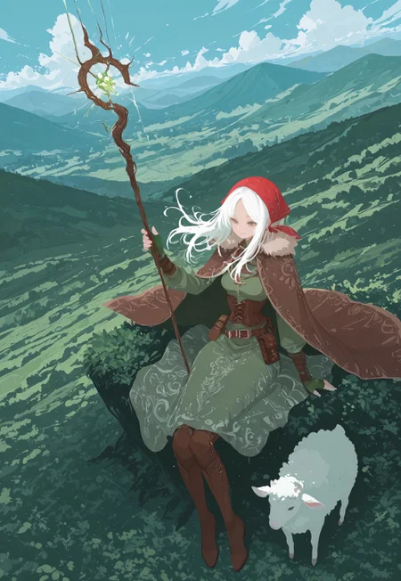 , masterpiece, best quality, good quality, very awa, newest, highres, absurdres, 1girl, sitting,white hair,long hair, side-parted bangs,long light green dress, hem patterns, fringed edge, brown leather corset, long cloak, fur trim,red headscarf,belt pouch, green wool fingerless gloves,waist belt,small attachments, brown knee-high leather boots, smiles, joyful expression 
,greenery, scenery,lush mellow, outdoor,hill, animal, holding,staff, pouches,hand up,from above,a lot of sheep around her,cloth headscarf,rolling green hills, blue sky, sunlight, cloud,wind blowing ,
flat color,no lineart, limited palette, h4ra_illu <lora:illustriousXL_stabilizer_v1.23:0.3> <lora:NOOB_vp1_detailer_by_volnovik_v1:0.3> <lora:ponyv6_noobE11_2_adamW-000017:0.3> <lora:114558v4df2fsdf5:0.7> <lora:XXX667:0.4> <lora:mon_monmon2133:0.7> <lora:hara_id_21:0.6>