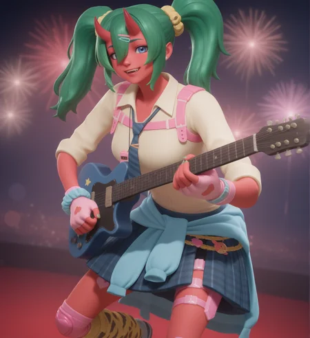 (high quality, masterpiece, intricate details, highly detailed, very awa, absurdres:1.1), (looking at viewer, upper body, cute, guitar, electric guitar, playing on electric guitar:1.3), (night, concert, sparkles, detailed background, concert hall, on stage, fireworks, blue and red lighting, spotlights, sun beams, bokeh, depth of field:1.4), fortnite_nemia, 1girl, solo, green hair, twintails, ponytail, long hair, bangs, hair between eyes, hair over one eye, ears, horns, oni horns, single horn, red skin, pink skin, blue eyes, parted lips, bandaid, smile, open mouth, fangs, teeth, breasts, shirt, school uniform, necktie, plaid skirt, thighhighs, socks, loose socks, boots, jewelry, earrings, bracelet, charm, belt, gloves, fingerless gloves, knee pads, leg warmers, collarbone, solo, colored skin, hair ornament, hairclip, scrunchie, holster, striped necktie, clothes around waist, oni, plaid, charm (object), blue necktie, bag, sweater around waist, animal print, heart, shoes, star (symbol), thigh holster, <lora:Fortnite_Nemia_Demonically_Cute_Set_ILXL_E11_16_DIM:1>