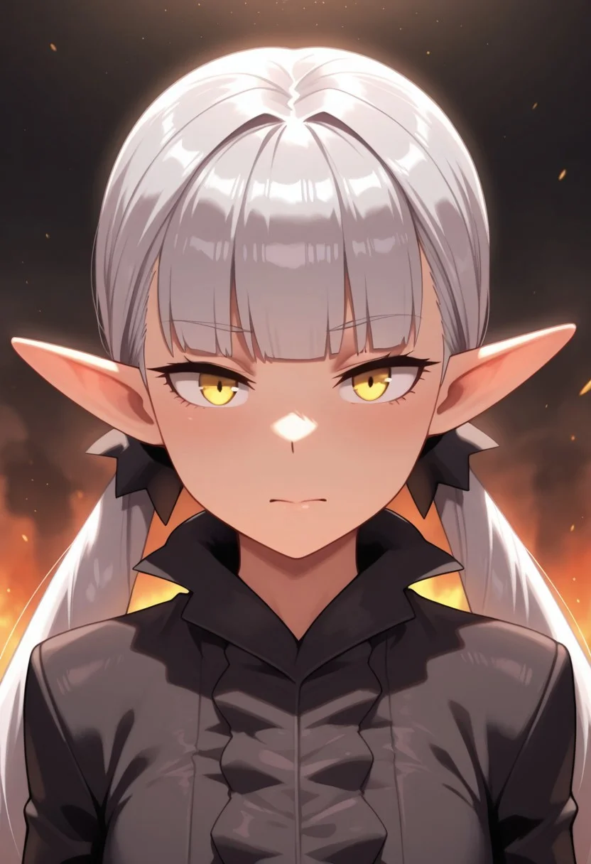 masterpiece,best quality,amazing quality, belzebuth, grey hair, pointy ears, twintails, elf, yellow eyes, 1girl, solo, looking at viewer, long hair, closed mouth