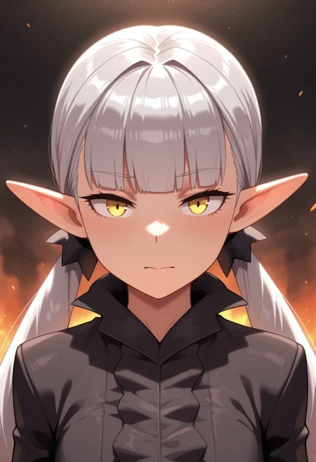 masterpiece,best quality,amazing quality, belzebuth, grey hair, pointy ears, twintails, elf, yellow eyes, 1girl, solo, looking at viewer, long hair, closed mouth