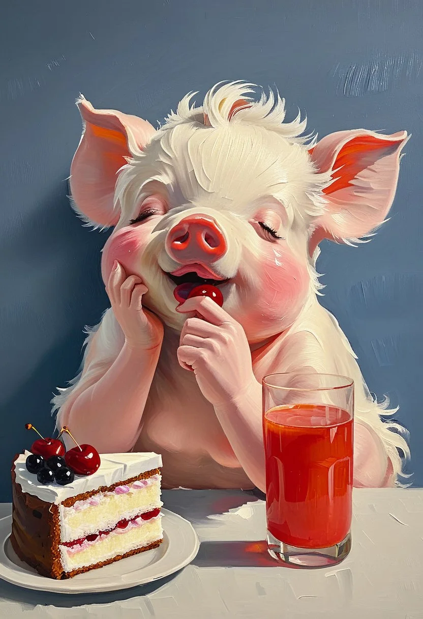 aaAR7ip, oil painting, impasto, canvas texture, (anthro pig:1.2), (animal focus:1.5),solo, open white shirt,sitting at the lunch table, open mouth, semi-closed eyes, (cherry, juice, slice of cake, dish, dessert, cutlery, candy, bakery, fruit, food:1.8), foreshortening, moody, (full lips:1.3),bored,moody shadows, (hand on cheek, cheek pinching, bored:1.2),