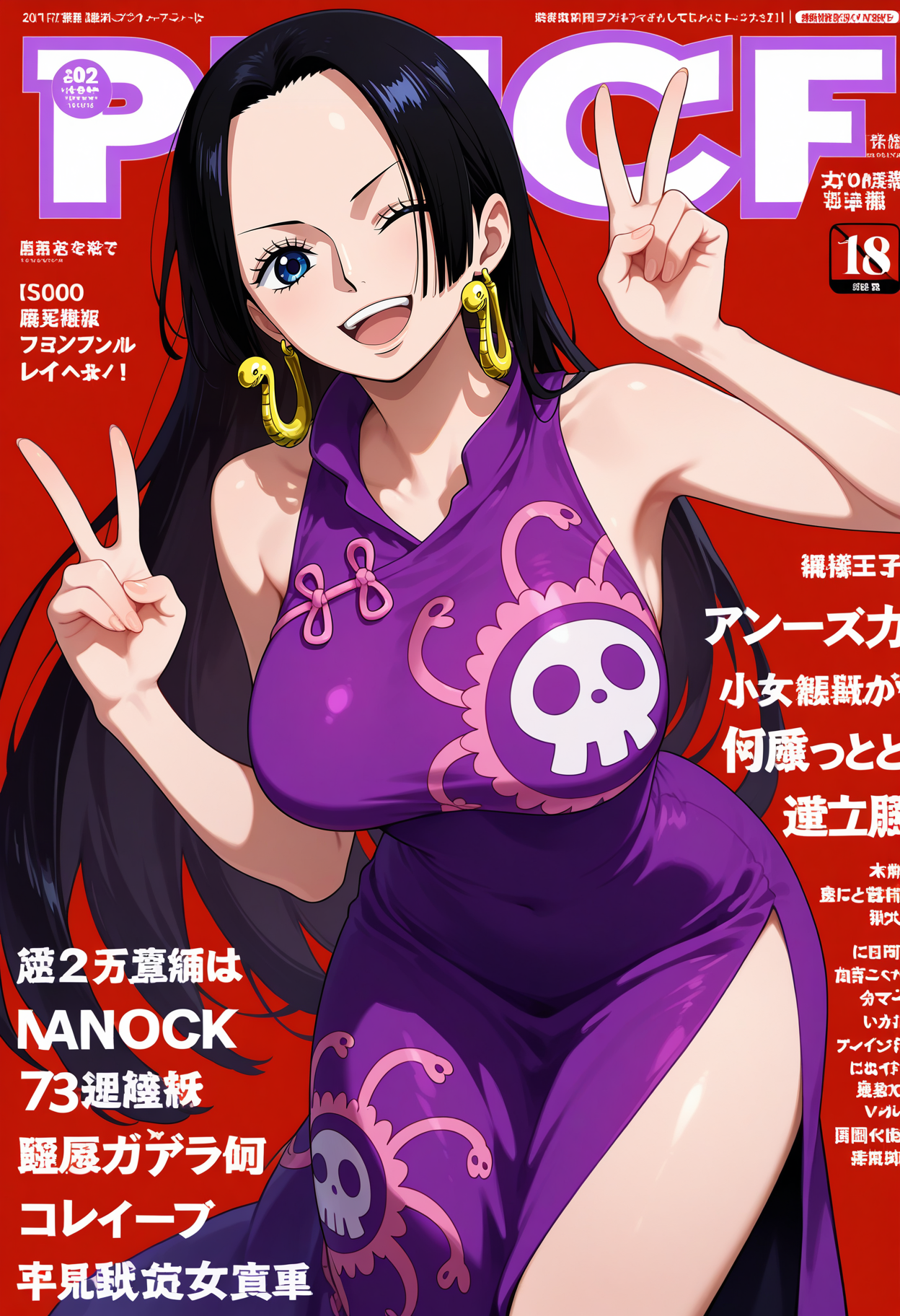 best quality, masterpiece, 1girl, aahancock, long hair, black hair, earrings, blue eyes, large breasts, purple dress, sleeveless, side slit, <lora:boa_hancock_ilxl_v1:0.9>, peace sign, v, one eye closed, smile, open mouth, magazine cover,