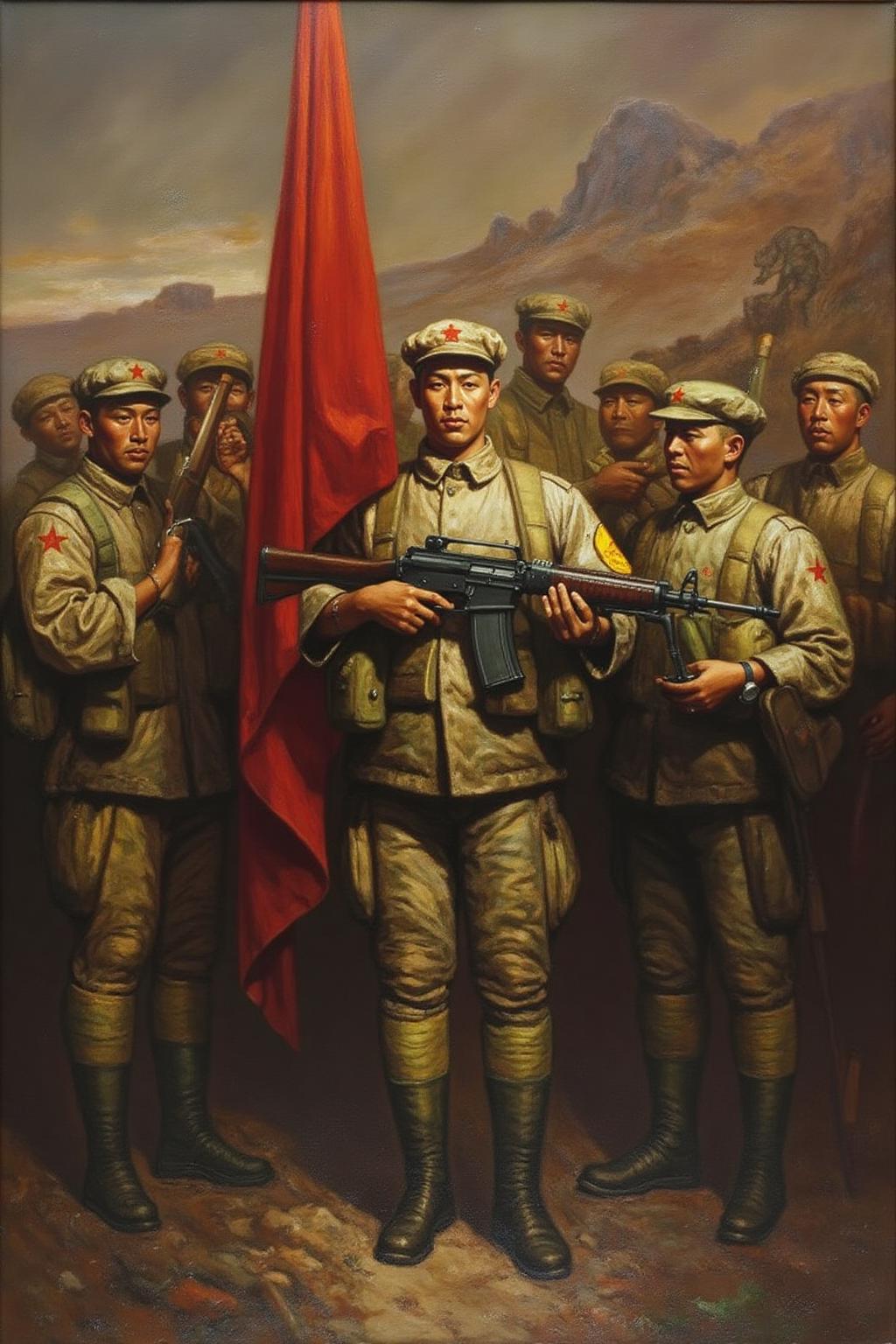 chenyifei1 painting.
A dramatic scene of Chinese soldiers from the People's Liberation Army. A group of soldiers are standing in a barren landscape, dressed in beige military uniforms with red stars on their caps. The central figure holds a rifle and stands out prominently with a determined expression. He holds a tall red flag in the other hand.
 <lora:chenyifei1_cap_d6a3:1.0><lora:839117055212081078:0>