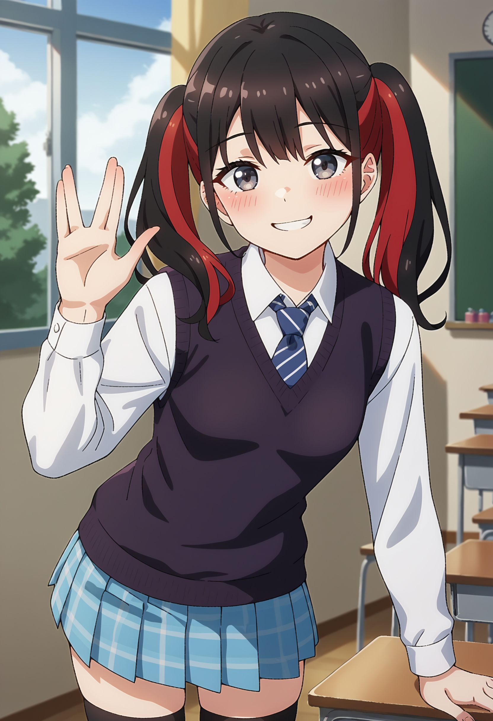 score_9, score_8_up, score_7_up, source_anime, 1girl, prefect lighting, very aesthetic, intricate details, highly detailed background, masterpiece, high quality, prefect hands, best quality, solo, <lora:Nowa_Dress_up_Darling_V1:.85>, KJOnowa, black hair, multicolored hair, grey eyes, twintails, bangs, school uniform, blue pleated skirt, kneehighs, sweater vest, collared shirt, leaning forward, head tilt, smile, looking at viewer, blush, School, classroom, window, sunny, tree, (Beautiful, small Breasts:1.2), natural breasts,school emblem,
vulcansalute hand gesture<lora:VulcansalutePonyV1-000035>