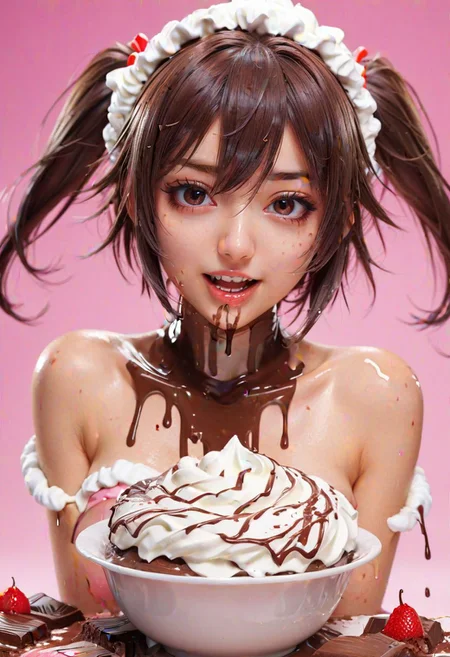 waifu, anime style, playful expression, whipped cream, dripping chocolate, close-up, suggestive pose, soft lighting, vibrant colors, detailed skin textures, food stains, alluring eyes