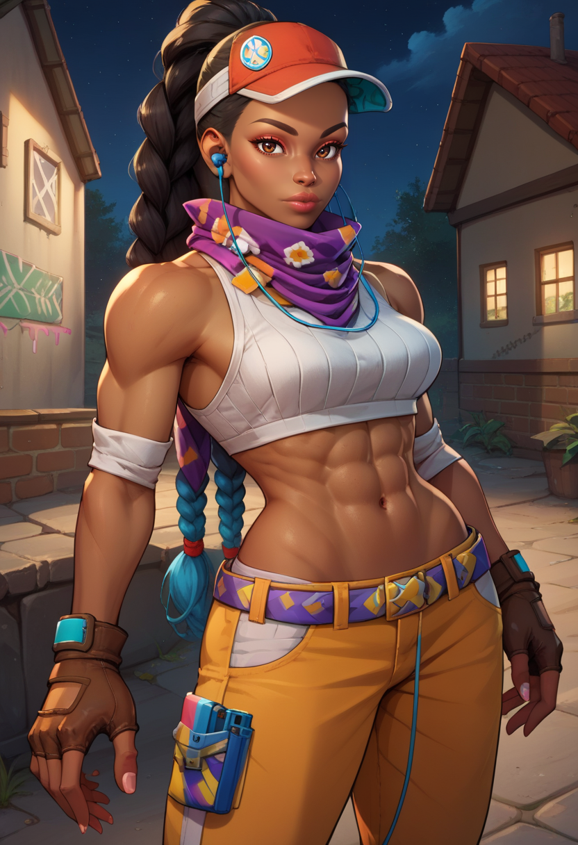 score_9, score_8_up, score_7_up,  score_9, BREAk <lora:kimberlySDXL:1> kimberlyjackson, 1girl, solo, long hair, breasts, looking at viewer, black hair, gloves, navel, brown eyes, jewelry, ponytail, earrings, midriff, belt, pants, dark skin, fingerless gloves, scarf, dark-skinned female, lips, crop top, night, abs, brown gloves, toned, nose, earphones, very dark skin, digital media player, earbuds, cap, graffiti