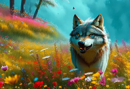 a mystical forest, light fog, a majestic wolf gently walks on the meadows, picturesque colors flowing in sync with the dance of life, a colorful meadow with many different flowers, early dew, small drops of dew on the flowers and grass, the first rays of the sun, colorful butterflies