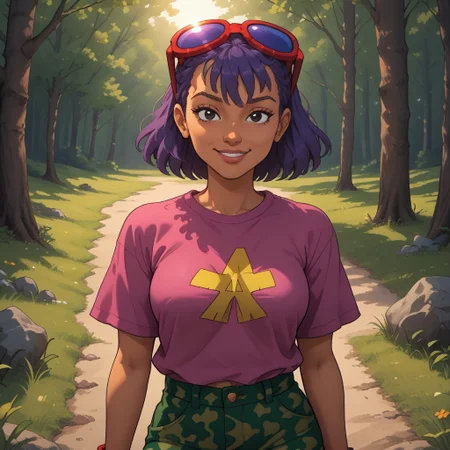 score_9, score_8, BREAK, solo, Reggie_Rocket_(Rocket_Power), 1girl, purple hair, red sunglasses, sunglasses on head, black eyes, lips, magenta shirt, rocket print, green camo pants, red sneakers, dark skin, dark skin female, self portrait, smile, looking at viewer, outdoors, sunlight, shadows, evening lighting, natural lighting, forest, trees, grass, orange sky, sunset