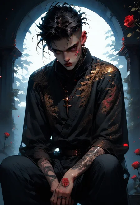 score_9, score_8_up, score_7_up, masterpiece, ultra-realistic 8k, (best quality), (lots of details), (intricate details), (male focus), (knee shot), muted colors, (solo), 1boy, (tattoo:1.2), masculine, (muscule:0.5), scratches, blood, naked, perfect hand, perfect fingers, erection penis, testicles, arms up, hair slicked back, (short hair), (undercut hair), looking at viewer, vines, roses, petals, night, neon light, highres textures, glowing, neon, dark theme