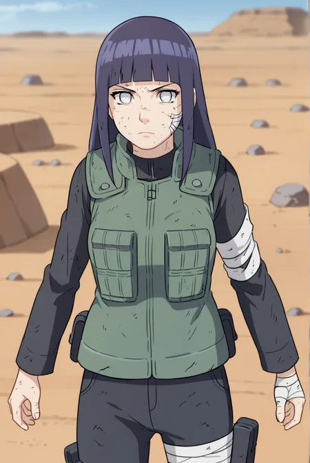 score_9, score_8_up, score_7_up, score_6_up, score_5_up, score_4_up, BREAK source_anime, 1girl, solo,
<lora:HinataShippudenXL-v1-07:0.7>, ChopioHinataBoruto, purple hair, shiny hair, blunt bangs, sidelocks, no pupils, white eyes, looking at viewer,
medium breasts,
long hair, straight hair,
outfit_2, green vest, black shirt, pouch, long sleeves, black pants, bandages, dirty,
outdoors, desert, rocks, serious,