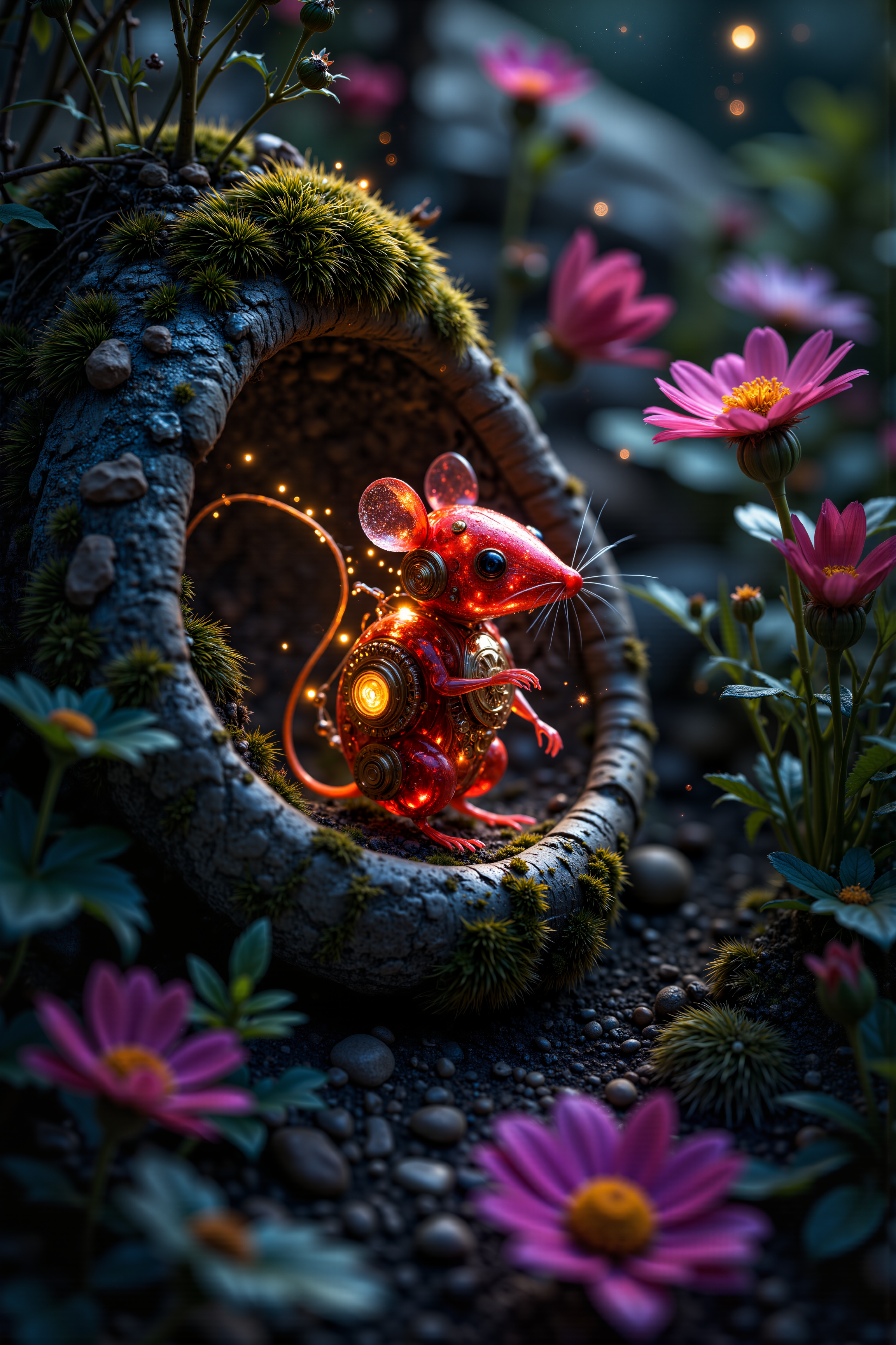 A hyper-realistic portrait, photorealistic photo close-up image of  A tiny, intricately detailed clockwork mouse, its gears and cogs visible through its translucent, ruby-red body, perched inside the hollow of a large, moss-covered stone in an enchanted garden. The mouse, no bigger than a real one, has tiny, glowing eyes and a tail made of fine, golden wires that twitch with lifelike precision. The stone, half-buried in the earth, is covered in soft, velvety moss and surrounded by vibrant, blooming flowers that seem to lean toward the mouse as if drawn to its light. The garden, bathed in the soft glow of twilight, is filled with the gentle hum of insects and the sweet scent of night-blooming flowers. As the mouse moves, its gears click softly, and tiny sparks of light escape from its body, illuminating the hollow in which it sits. The scene is a delicate blend of the natural and the mechanical, where the clockwork mouse adds a touch of whimsy and magic to an otherwise serene, natural setting. The juxtaposition of the unusual mouse in the usual garden setting creates a captivating image of life and artifice intertwined. (photography, high-resolution, dynamic, energetic,hyper-realistic, dramatic lighting, shallow depth of field.), detailmaximizer, MythP0rt<lora:midjourney_whisper_flux_lora_v01:0.55><lora:aidmaMJ6.1-FLUX-V0.1:0.4><lora:FluxMythP0rtr4itStyle:0.4><lora:detailed_flux_ntc:2.2><lora:aidmaImageUpgrader-FLUX-V0.1:0.65>
