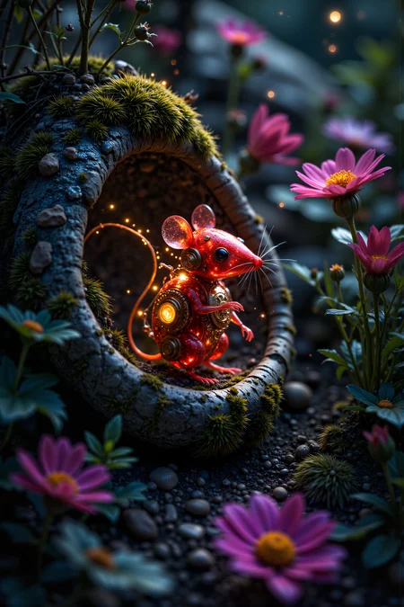 A hyper-realistic portrait, photorealistic photo close-up image of A tiny, intricately detailed clockwork mouse, its gears and cogs visible through its translucent, ruby-red body, perched inside the hollow of a large, moss-covered stone in an enchanted garden. The mouse, no bigger than a real one, has tiny, glowing eyes and a tail made of fine, golden wires that twitch with lifelike precision. The stone, half-buried in the earth, is covered in soft, velvety moss and surrounded by vibrant, blooming flowers that seem to lean toward the mouse as if drawn to its light. The garden, bathed in the soft glow of twilight, is filled with the gentle hum of insects and the sweet scent of night-blooming flowers. As the mouse moves, its gears click softly, and tiny sparks of light escape from its body, illuminating the hollow in which it sits. The scene is a delicate blend of the natural and the mechanical, where the clockwork mouse adds a touch of whimsy and magic to an otherwise serene, natural setting. The juxtaposition of the unusual mouse in the usual garden setting creates a captivating image of life and artifice intertwined. (photography, high-resolution, dynamic, energetic,hyper-realistic, dramatic lighting, shallow depth of field.), detailmaximizer, MythP0rt<lora:midjourney_whisper_flux_lora_v01:0.55><lora:aidmaMJ6.1-FLUX-V0.1:0.4><lora:FluxMythP0rtr4itStyle:0.4><lora:detailed_flux_ntc:2.2><lora:aidmaImageUpgrader-FLUX-V0.1:0.65>