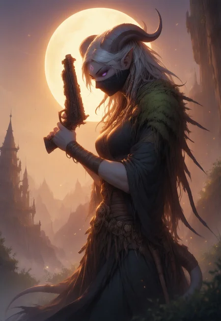 (absurdres, best quality, masterpiece:1.4), score_9, score_8_up, score_7_up, score_6_up, detailed, detailed body, detailed face, world of warcraft, fantasy,
fFaceDetail, SkinDetail, ((female, draenei, tall, athletic arms, pale white skin, smooth skin, long white hair, purple eyes, no pupil, no sclera, long white tail), (h0rns, ram horns, white horns),
(long fingers, purple fingernails, purple nail polish)),
(long loose black dress, simple armlet, black facemask, yellow silk scarf), GunMonk, shotgun, holding shotgun,
full body, side view
outdoor, evening, mountains, sunset