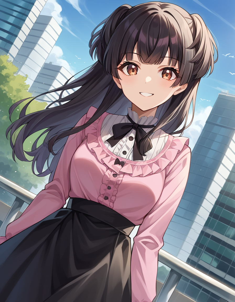 score_9, score_8_up, score_7_up, source_anime,
fuyukomayuzumi, <lora:fuyuko-mayuzumi-ponyxl-lora-nochekaiser:1>,
fuyuko mayuzumi, black hair, brown eyes, long hair, two side up, smile,
black bow, black bowtie, black ribbon, black skirt, bow, bowtie, frilled shirt, frills, jirai kei, long sleeves, neck ribbon, pink shirt, ribbon, shirt, skirt, white shirt,
outdoors, cityscape,
looking at viewer, dutch angle, cowboy shot,