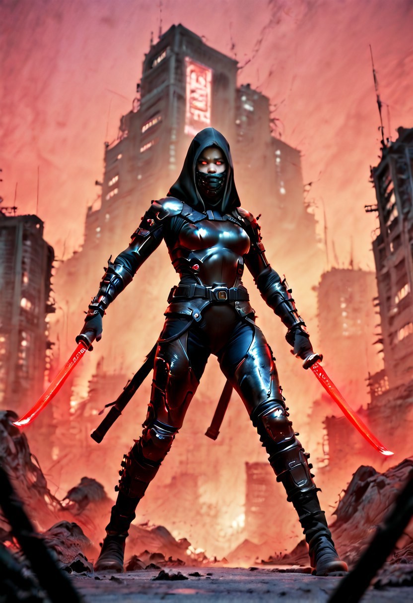 photorealistic, realistic, sharp edges, clear focus, detailed face, cyberpunk, futuristic, gritty. 1woman, solo, soldier, enigmatic, (glowing red eyes), matte black modular suit of armor,whole body protection, heavy boots, holdingtwo katanas, blue glowing blades, fighting stance. Deep hood, black face mask covering mouth, nose, chin, pale skin She stands tall against the backdrop of war-torn urban landscapes, dramatic lighting, dynamic angle, whole body, face focus, high contrast, deep shadows, distant fires, smoky sky, matte painting, ink wash style, in style of iwhyb