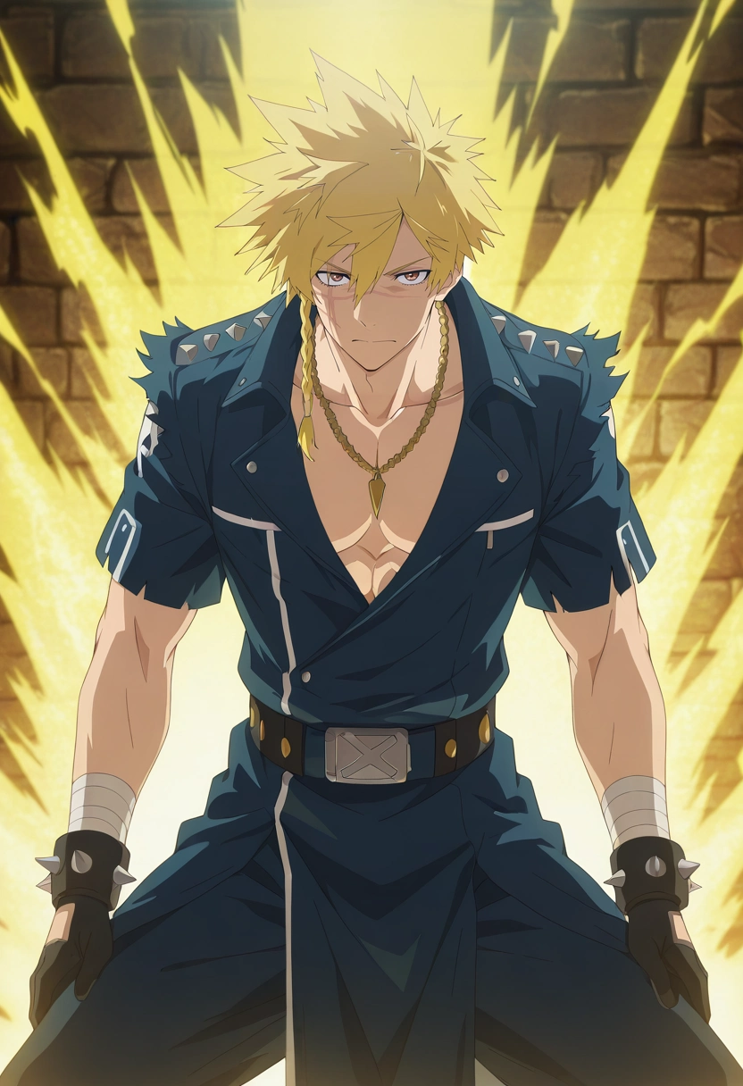 masterpiece, best quality, intricate details, anime screencap, anime coloring, official style, looking at viewer, 1boy, solo, male focus, <lora:choubei_aza_ilxl:0.98>, choubei_aza, blonde hair, brown eyes, long hair, braid, spiked hair, scar, scar on face, necklace, quantum forge, energy streams, particle flows, power cores, working pose, focused expression, plasma lighting, biker costume
