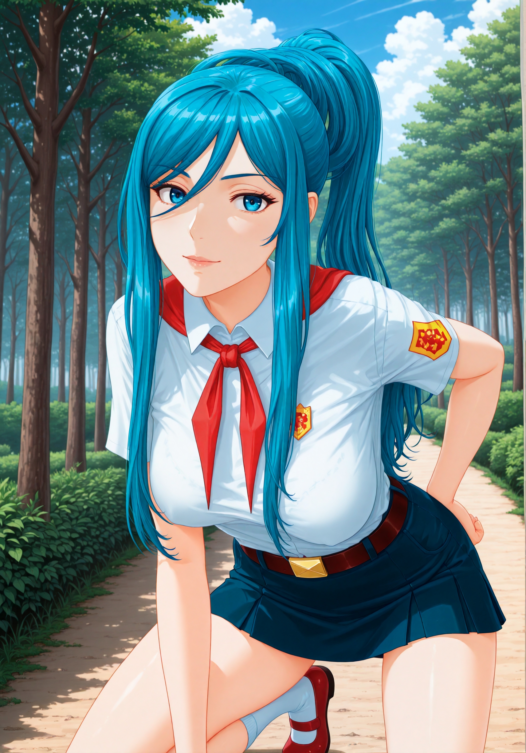 masterpiece, high_quality, highres, detailed_eyes, detailed, masterpiece, best quality, absurdres, 8k, HDR, face_focus, high quality, very_awa, newest, absurdres, highres, depth_of_field, realistic_skin, pinkretroanime, (retro art:0.7), Jeddtl02, p0nyd1sney1ncasev1x0n2, very aesthetic, detailed face, pioneer_uniform, el_pioneer_outfit, white_shirt_pioneer, short_sleeves, pioneer_badge, blue_short_pioneer, red_neckerchief, belt, white_socks, shoes, <lora:Takao_Aoki_illustrious:1>, aquamarine hair color, ponytail, blue eyes, (medium hanging breasts:1.2), elegant and dominant, mature, adult, sexy, medium breasts, looking at viewer, detailed beautiful eye, medium breasts, amazing background, clouds, nature, forest, ,  <lora:Everlasting_summer_pioneer_uniform:1>