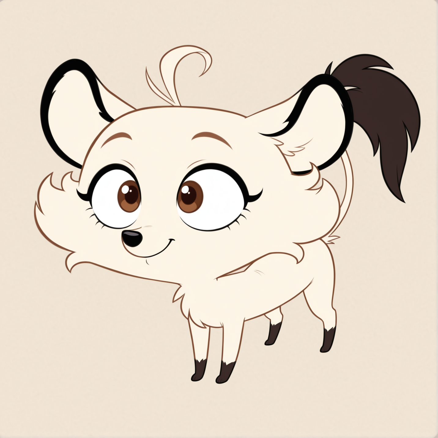 masterpiece,best quality,amazing quality,(detailed background:1.5),1girl,solo,furry,furry female, Hermione01, cream-colored fur, fluffy ears, black ear tips, big round eyes, brown eyes, long curled eyelashes, small black nose, short muzzle, curled hair tuft,, long thin tail with dark tip, slim body,chibi,feral,all fours,<lora:ë¡ë¼1:1>