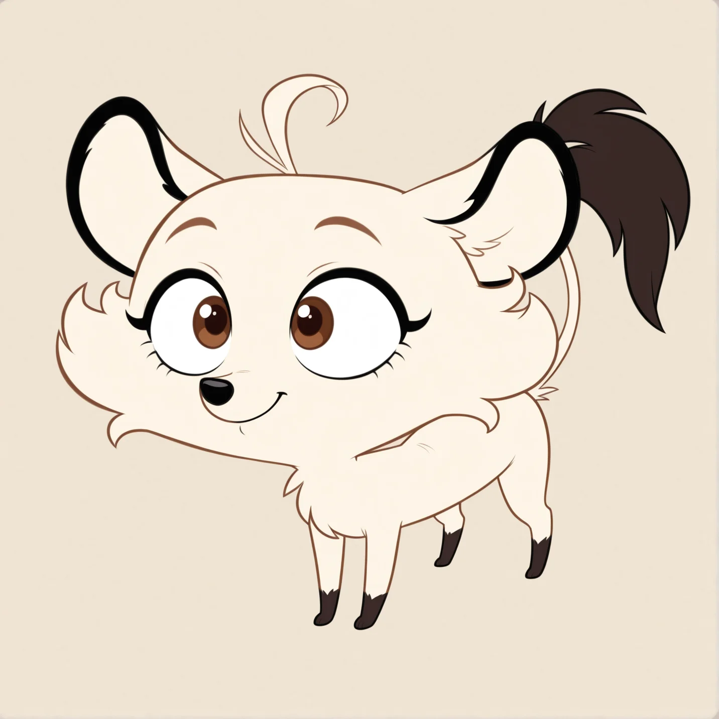 masterpiece,best quality,amazing quality,(detailed background:1.5),1girl,solo,furry,furry female, Hermione01, cream-colored fur, fluffy ears, black ear tips, big round eyes, brown eyes, long curled eyelashes, small black nose, short muzzle, curled hair tuft,, long thin tail with dark tip, slim body,chibi,feral,all fours,<lora:ë¡ë¼1:1>