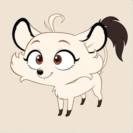 masterpiece,best quality,amazing quality,(detailed background:1.5),1girl,solo,furry,furry female, Hermione01, cream-colored fur, fluffy ears, black ear tips, big round eyes, brown eyes, long curled eyelashes, small black nose, short muzzle, curled hair tuft,, long thin tail with dark tip, slim body,chibi,feral,all fours,<lora:ë¡ë¼1:1>