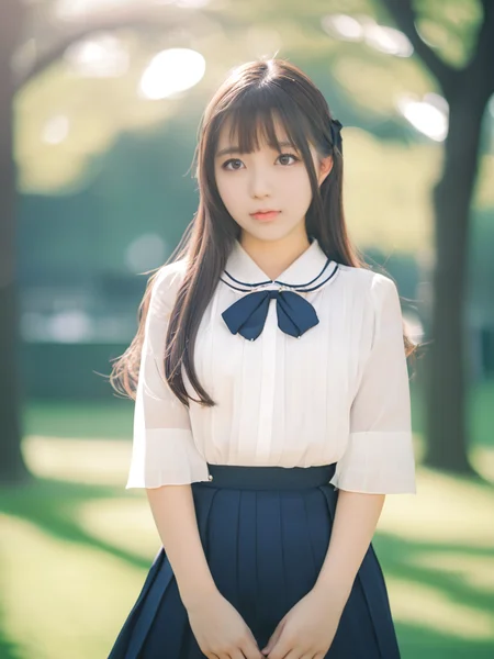 Portrait Photography, cute Japanese Idols, Layered Long Hair, Beautifully detailed eyes,
blouse, Pleated skirt, (skinny, large breasts),
morning park, film grain, retro, (bokeh:1.3), sharp focus on subject, <lora:SkimMilk-10:0.7>