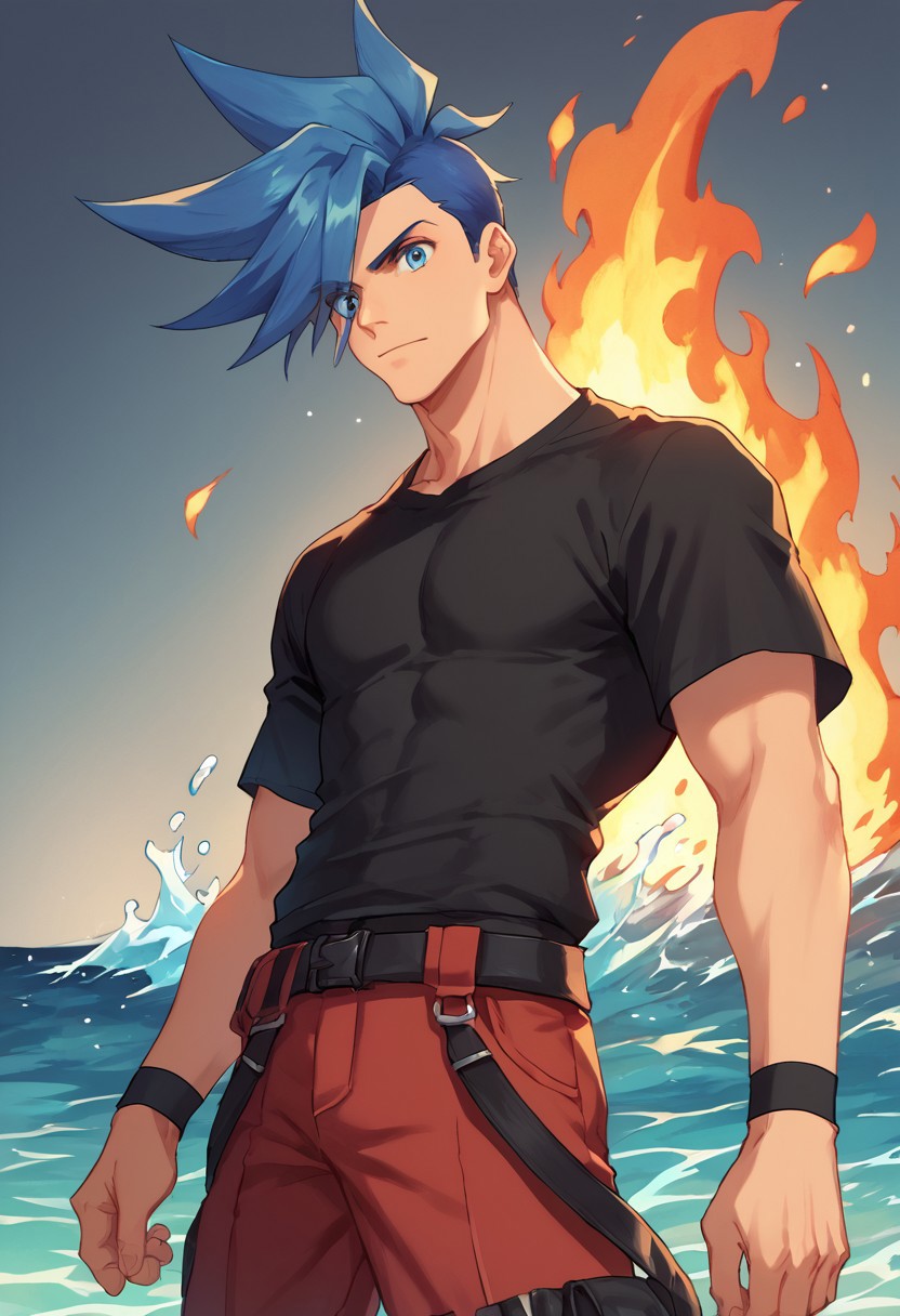 score_9, score_8_up, score_7_up, source_anime, highly detailed, 
galo, male focus, 1boy, blue hair, spiked hair, blue eyes, solo, shirt, black shirt, t-shirt, pants, red pants,  upper body,
fire, pyrokinesis, water,